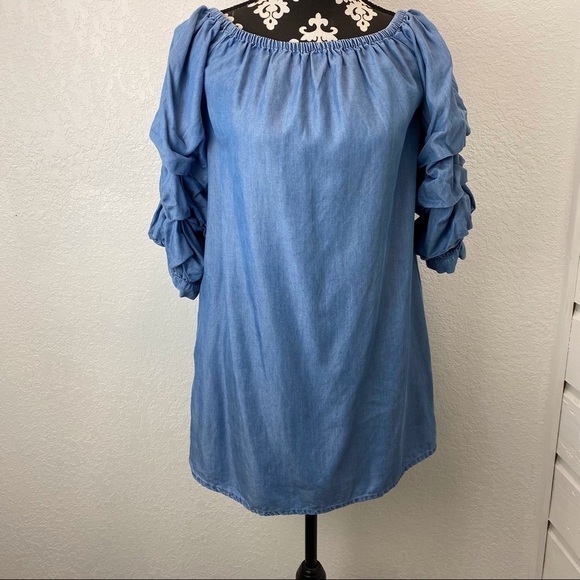 Zara Ruffle Sleeve Chambray Denim Off Shoulder Dress - Picture 2 of 16